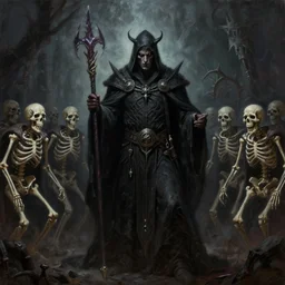 a hyper realistic oil painting of a necromancer from diablo, dark fantasy, horror, crypt, skeleton army, retro fantasy,