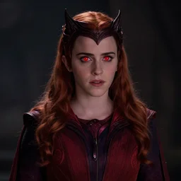 emma watson as the scarlet witch with red glowing eyes, dark room