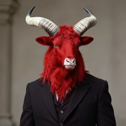 Medium shot of Red Imp + White black striped horns + Formal outfit, in the style of greg rutkowski
