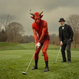colorful portrait of a the horned devil playing golf with 1 friend, 1 8 0 0 s victorian photo, hand coloured photo, cinematic lighting, atmospheric, realistic, octane render, dramatic lighting, highly detailed, cinematic, by joel peter witkin and hieronymus bosch