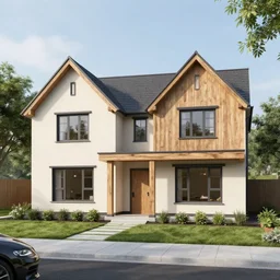 plans for a modern, semi - detached family home with rustic touches