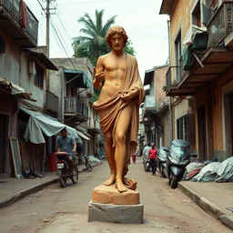 vintage 1 9 8 0 s color photo of a michelangelo terracotta sculpture in the middle of a poor brazilian favela street, image by werner herzog