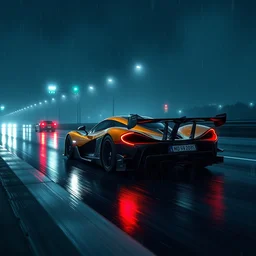 photo of an mclaren senna 2 0 1 8, on a dimly lit highway, hyperrealism, rain, ray tracing, need for speed style