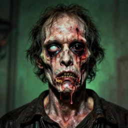 cinematic colorful horror artwork by artgerm, beksinski, bernie wrightson, jean delville ; real life long shot perfectly centered portrait of ugly scary terrifying rotten man with one eye socket missing, half jaw hanging down, parts of his skull poking through tears in the skin ; 8 k hdr, dramatic lighting, insanely detailed