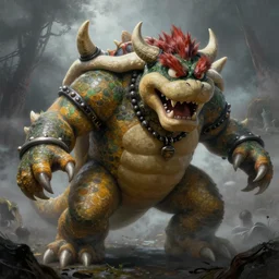 gigantic bowser demonic with huge horns and scales and talons, resident evil, silent hill, horror, terror, scary, by ruan jia, by austin osman spare, symbolist painting, mist, volumetric render, digital painting, detailed painting, occult