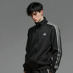 Portrait of a man by Greg Rutkowski, he is about 18 years old, british, short black hair with bangs, young, pale, tall and slim, tired look, he's wearing a black adidas tracksuit, highly detailed portrait, scifi, digital painting, artstation, concept art, smooth, sharp foccus ilustration, Artstation HQ