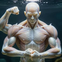 high resolution close up of garden watery made gills pale fins of muscles face semi - translucent fishes morphed scales muscular body face molecules biceps triceps, morphing muscles bodies strong strongest muscles merged with muscular body