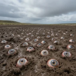 a thousand eyeballs peeking through a sea of mud, epic landscapes, 4 k, 8 k