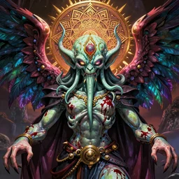 4K headshot of godlike Cthulhu with defined arms and open hands and bloody clothes with giant mandala wings , intricate face , flawless anime cel animation by Kentaro Miura, psychedelic , highly detailed upper body , professionally post-processed , beautiful, scary, symmetry accurate features, epic, octane rendered, anime masterpiece, accurate