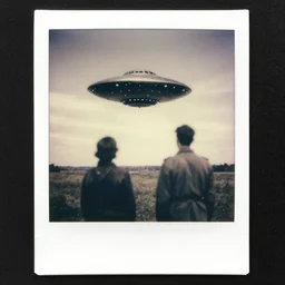 old polaroid of an ufo flying above two persons during world war 2, award winning, pictorialism, black and white, daylight