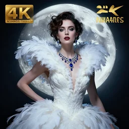 hyperrealistic portrait of a woman as amber heard posing to noir moon in a white swan dress wearing sapphire jewellery with long feather collar by jeremy mann and alphonse mucha, fantasy art, photo realistic, dynamic lighting, artstation, poster, volumetric lighting, very detailed faces, 4 k, award winning
