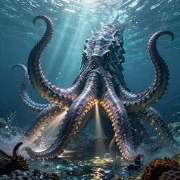 ocean monster with big tentacles lighting establishing shot extremely high detail foto realistic cinematic lighting post processed