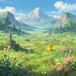 pokemon sword and shield ghibli landscape illustration close floral clearing and mountains in the background, deep focus, d & d, fantasy, intricate, elegant, highly detailed, digital painting, artstation, concept art, matte, sharp focus, illustration, hearthstone, art by fire watch game and greg rutkowski, no characters