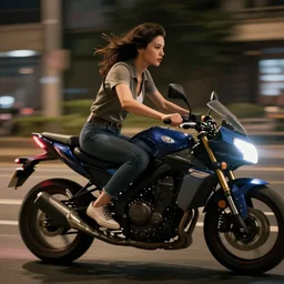 a man dressed as a woman, sitting on a motorcycle, speeding, photo realistic, high detail, night street, night time, unreal engine render