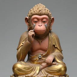 buddhist statue of a sad monkey crying tears of diamond and silver