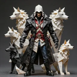a werewolf dressed in a black trench coat, and jeans, in the style of assassin's creed, by frank frazetta, origami, modular origami, rigid origami, dramatic, portrait, evil, powerful, thick, huge, in a symbolic and meaningful style, insanely detailed and intricate, hypermaximalist, elegant, ornate, hyper realistic, super detailed