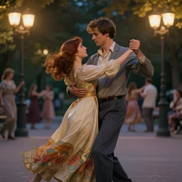 a cinematic extreme close - up of a young couple dancing in the park, lamp posts, evening, highly detailed matte painting, telephoto lens 2 0 0 mm, by stanley artgerm lau, greg rutkowski, thomas kinkade, alphonse mucha, loish, norman rockwell, artstation
