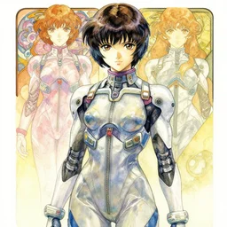 a watercolour manga portrait illustration by sui ishida and yoshiyuki sadamoto alphons mucha of an anime girl highly detailed anime eyes wearing a futuristic ninja suit lots of zippers, pockets, synthetic materials, jumpsuits by issey miyake and balenciaga 8 k