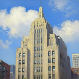 art deco architecture in chicago, sunshine, blue sky with puffy clouds, a painting by kenton nelson