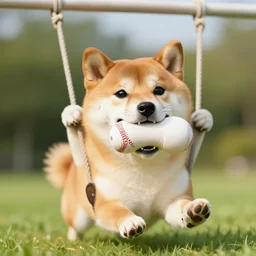 cheerful shiba inu dog derpy swings baseball mouth in mouth 4 k