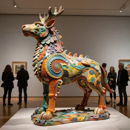 stunning colorful intriguing large - scale polished painted clay sculpture of a mythic animal by beth cavener in museum. ellen jewett, beth cavener, sayaka ganz, edouard martinet, john o'reilly and judith klausner