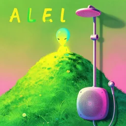 album cover art for aliens cyan yellow pink on green hill of shower speaker akihiko yoshida