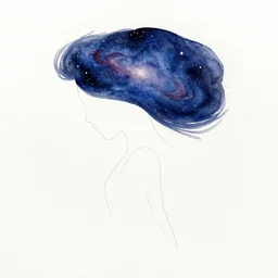 an outline of a woman with long hair flowing behind her ; the hair is a large nebula in space with stars : watercolor painting on white paper, small detailed?, abstract art, minimalism, painterly style, 4k ultra hd, on artstation