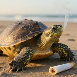 close-up photo of a stoned turtle sunbathing and smoking a big joint at the beach, golden hour, Breathtaking, 8k resolution, extremely detailed, beautiful, establishing shot, artistic