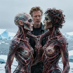 centered detailed, the thing body horror mutation veiny fusion of two people, john carpenter, antarctica, art by jean giraud and moebius, realistic, expressive emotions, cold colours