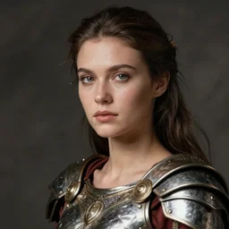 close - up portrait of beautiful model dressed gladiator with metallic armor, art by sarah moon