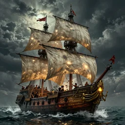 magical and mystical pirate galleon fleet, octane render, rembrandt, cgsociety, artstation trending, horror scene, highly detailded