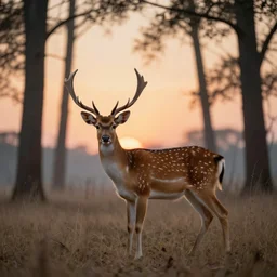 a beautiful spotted deer in the woods lit by the morning sky, sunrise, chital, photorealistic, by annie leibovitz and steve mccurry, natural light, canon eos c 3 0 0, ƒ 1. 8, 3 5 mm, 8 k, medium - format print