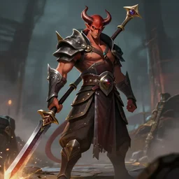 a demon warrior from dota anime, realistic weapons, ambient atmosphere