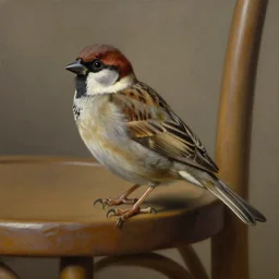 by diego velazquez, sharp focus, oleo, highly detailed, artstation, an oil painting of a sparrow perched on a chair
