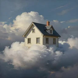 a house built on a cloud in the sky. painting by hugh kretschmer.