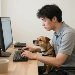 the dog headed man is tapping the computer on the chair to work
