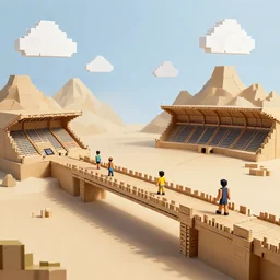 Pixel Art arcade game scenario with bridge, stadium, mountains and clouds, all made of cardboard, CGI, Render, photorealistic, Unreal engine 5