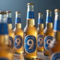 cinematic lighting, octane render, highly detailed, concept art, trending artstation, digital painting, shallow depth of field, illustration, photorealism, epic, gas bubbles in beer bottles with blue label and number 9, vibrant colors