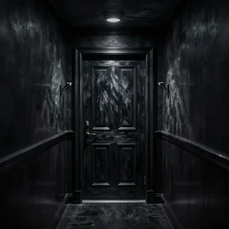 foreboding door at the end of a dark hotel hallway, creepy, eerie, surreal, liminal,