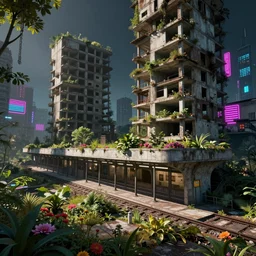 a beautiful ultradetailed render of abandoned unfinished building city subway station by ludwig mies van der rohe, at fall evil architecture island nature retro hyperrealism flowers forest bladerunner 2 0 4 9 nightvision neon signs dramatic lighting lightpaint sunlight at night sci - fi wilderness, archdaily, wallpaper, highly detailed, trending on artstation.
