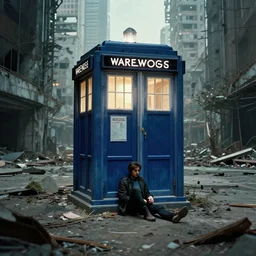 photograph of a single tardis sat on the streets of a cyberpunk abandoned city, by greg rutkowski, by stanley artgerm, by alphonse mucha