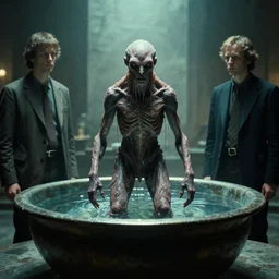 strange creature in a vat, water caustics, film still from the movie directed by denis villeneuve and david cronenberg with art direction by h. r. giger and tim white