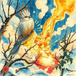the bird explosion. beautiful, realistic painting by mucha and kuvshinov and bilibin. watercolor, thick lining, manga, soviet realism