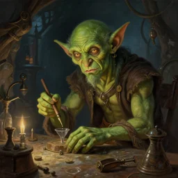 portrait of green - skinned goblin alchemist working in his fantasy medieval workshop, nighttime, illustration concept trending pixiv fanbox by wlop and greg rutkowski and caravaggio and rosa bonheur, and william harnett, hyperrealism art, volumetric light