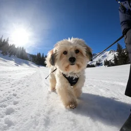 a cream-colored havanese dog backcountry alpine skiing , gopro photo, 4k