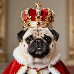 portrait of a white pug with red royal garment and big rich royal crown