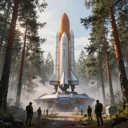masterpiece eternal ethereal pine forest surrounding a futuristic spacerocket launchpad, sci - fi, military base. soldiers and astronauts. sunrise, white sky, dramatic light, mist, hdr, digital painting, artstation, steve belledin, peter gric, wadim kasin