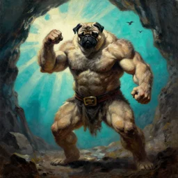 muscular pug dog barbarian hunter  full hairy body fighting pose , sun rays , big shadows, small bird sihouettes  in cyan background , very textured detailed  oil painting by rembrandt , hard backlight , in dark cave