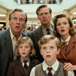sharp, highly detailed, high quality frame scan from a sci fi blockbuster color movie made in 2019, a family of four time travelers from 1950 travel in time to 2019, appearing in a shopping mall, looking surprised, the family are all wearing 1950s era clothes, good lighting, in focus, cinematic still, high quality scan, in focus, 35mm macro lens, detailed eyes, realistic faces and details, oscar winner, award winning lighting, award winning photography, ultra high definition