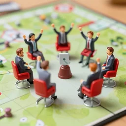 board game with happy office workers celebrating and red chairs macro photo